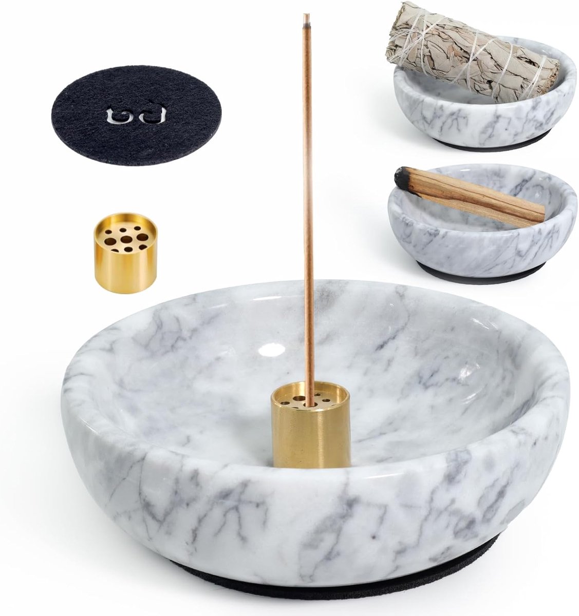SnelShoppen - Luxe Natuurlijke Marmeren Wierookhouder met 9-Hole Messing Houder, 12cm Witte Wierook Kom en Asopvang voor Wierookstokjes, Palo Santo en