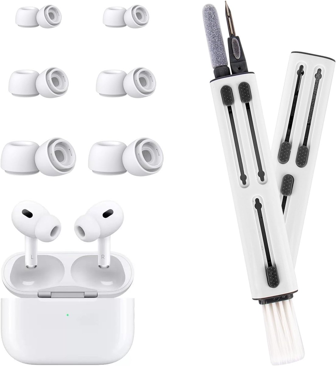 SnelShoppen - Cleaning Kit voor Airpods en AirPods Pro - 3-in-1 Schoonmaakpen met 3 Paar Siliconen Oordopjes - Hoogwaardige ABS en RVS Materialen - Co