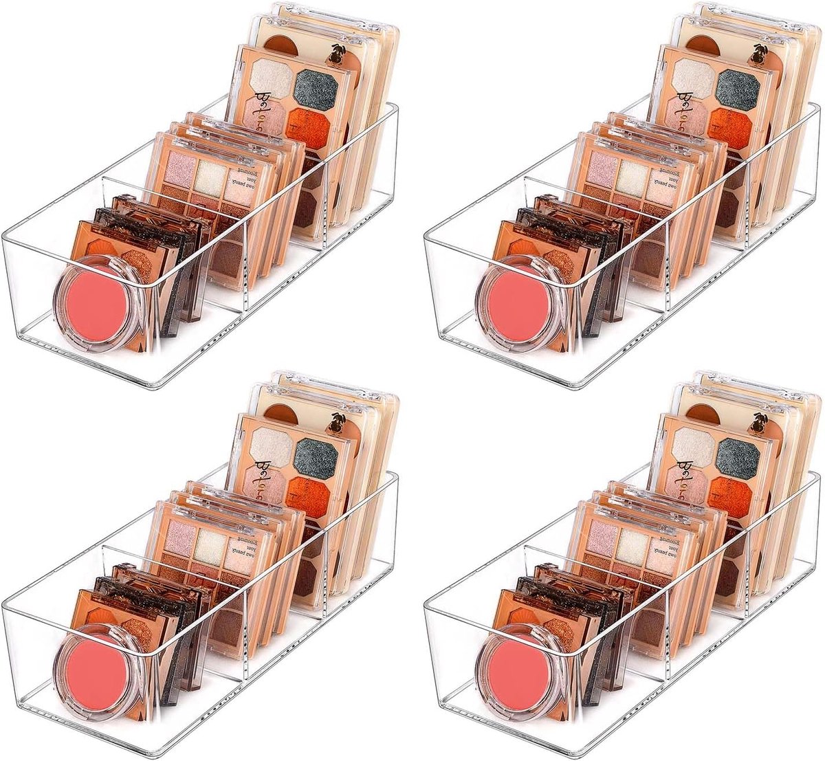 SnelShoppen - 4-Pack Transparante Acryl Organizer voor Make-up, Sieraden en Kantoorbenodigdheden - Stapelbare Opbergdozen met 3 Compartimenten - Ideaa