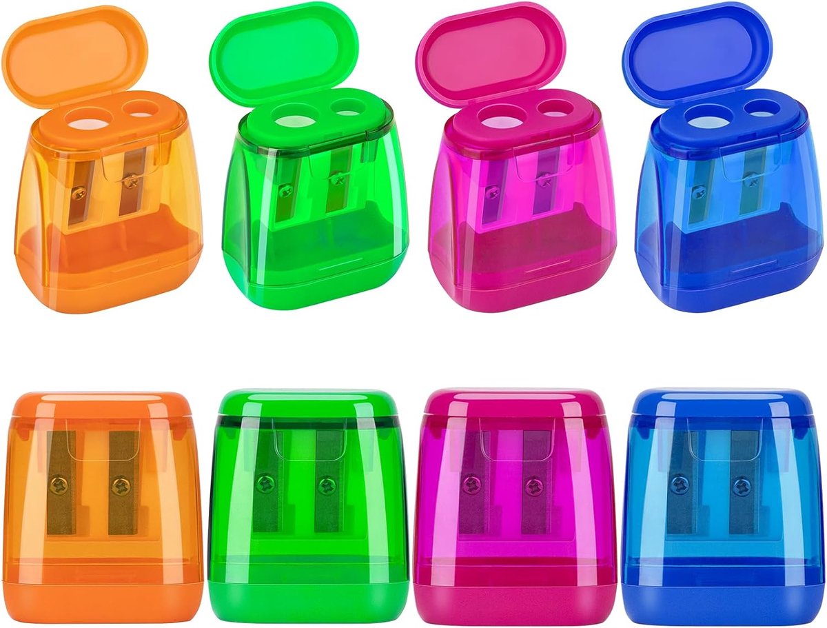 SnelShoppen - Pencil Sharpener met Container, 8 Stuks, Dubbele Gaten, Handmatige Potloodslijper voor Dikke en Dunne Potloden, Kinderen, 4 Kleuren