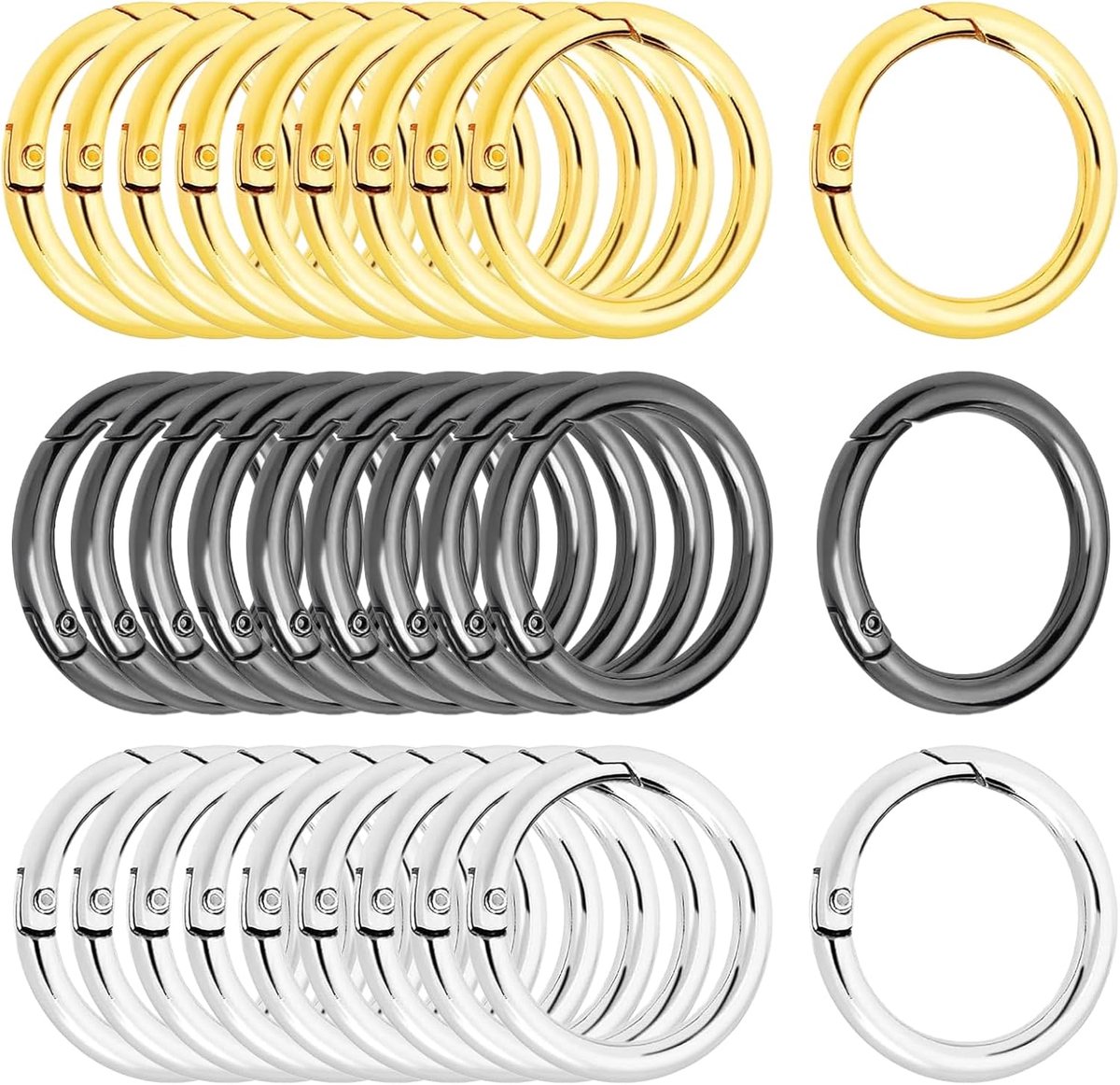 SnelShoppen - 18 Ronde Metalen Karabijnhaken, Veergespen in Goud, Zilver en Zwart - Zinklegering Sleutelhangers voor Tassen, Portemonnees en Knutselen