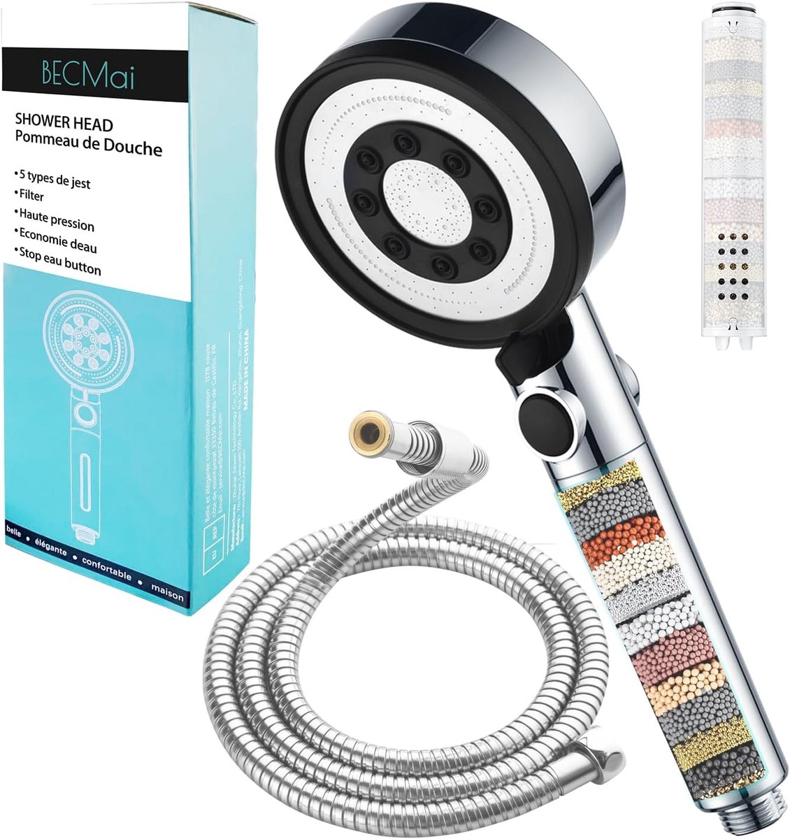 SnelShoppen - Limescale Resistant Shower Head met Filter, Hoge Druk Water Besparende Douchespray met 5 Jet Niveaus, Chroom en Wit, Hose Free