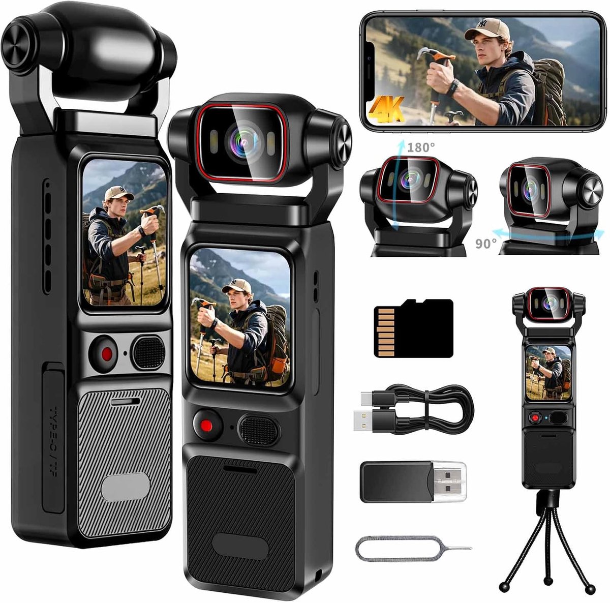 Thijox - Vlogging Wifi Action Camera 4K, Draagbare Mini Actiecamera met 180° Draaibare Lens, 1,69 Inch Touchscreen, Ideaal voor Sport, Reizen en Vlogs