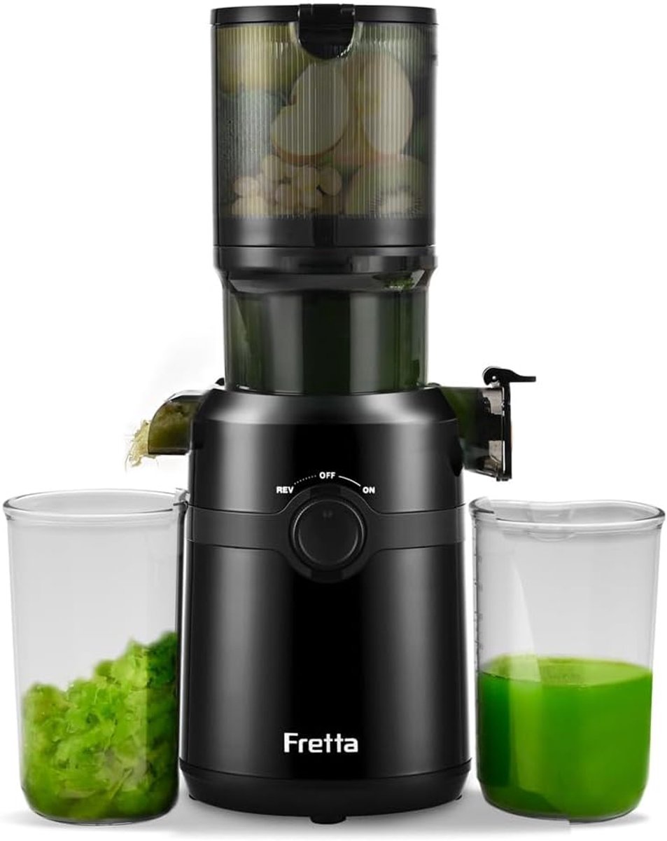 SnelShoppen - Koude Pers Sapcentrifuge - Fretta Slow Juicer 200W - 108mm Opening - 1,0L Inhoud - BPA-vrij - Zwart - Voor Groenten en Fruit - Eenvoudig
