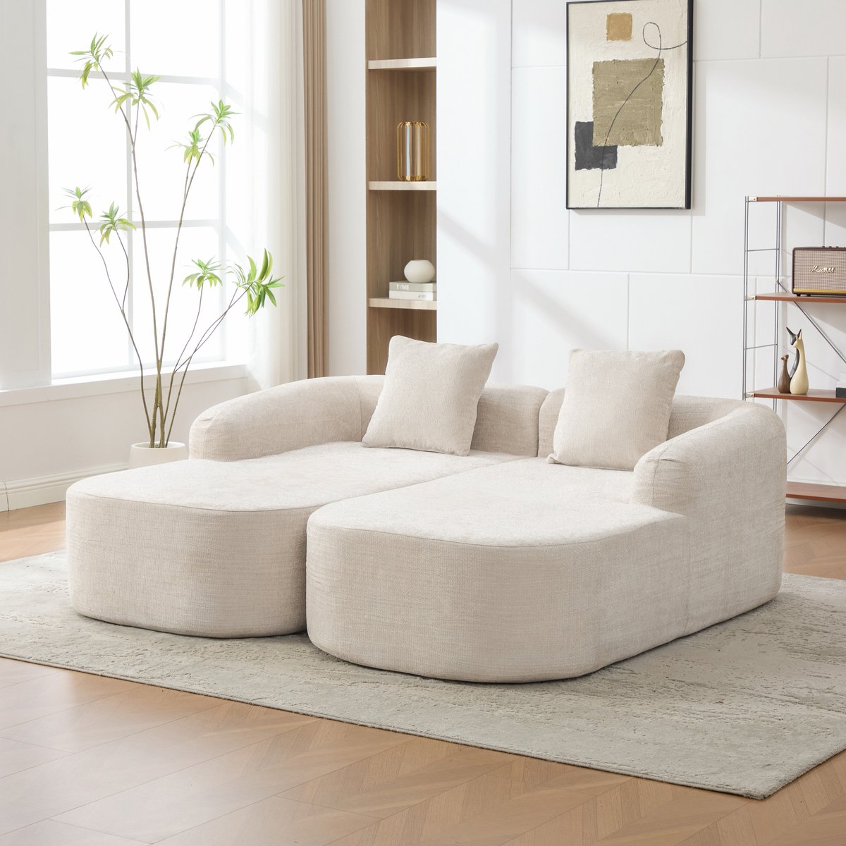 HAUSS SPOLE Hoekbank - Modulaire Chenille Bank - Chaise Longue Met Kussen - Direct Klaar Voor Gebruik - Voor Woonkamer En Slaapkamer - Beige