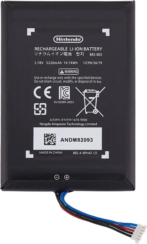 Zwarte Nintendo Switch batterij (BEE-003) met 3,78V, 5220mAh en 19,74Wh. Met waarschuwingstekst.