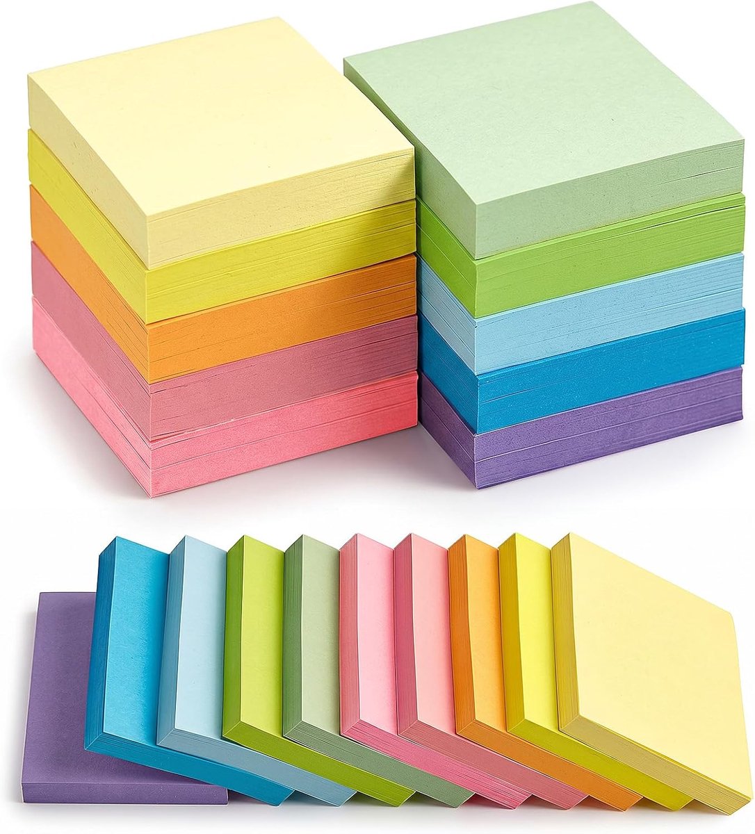 SnelShoppen - Set van 10 Zelfklevende Notitieblokken, 76 x 76 mm, Super Sticky Notes, Kleurige Notitiebladen voor Kantoor en Thuis, 1000 Bladen in Tot