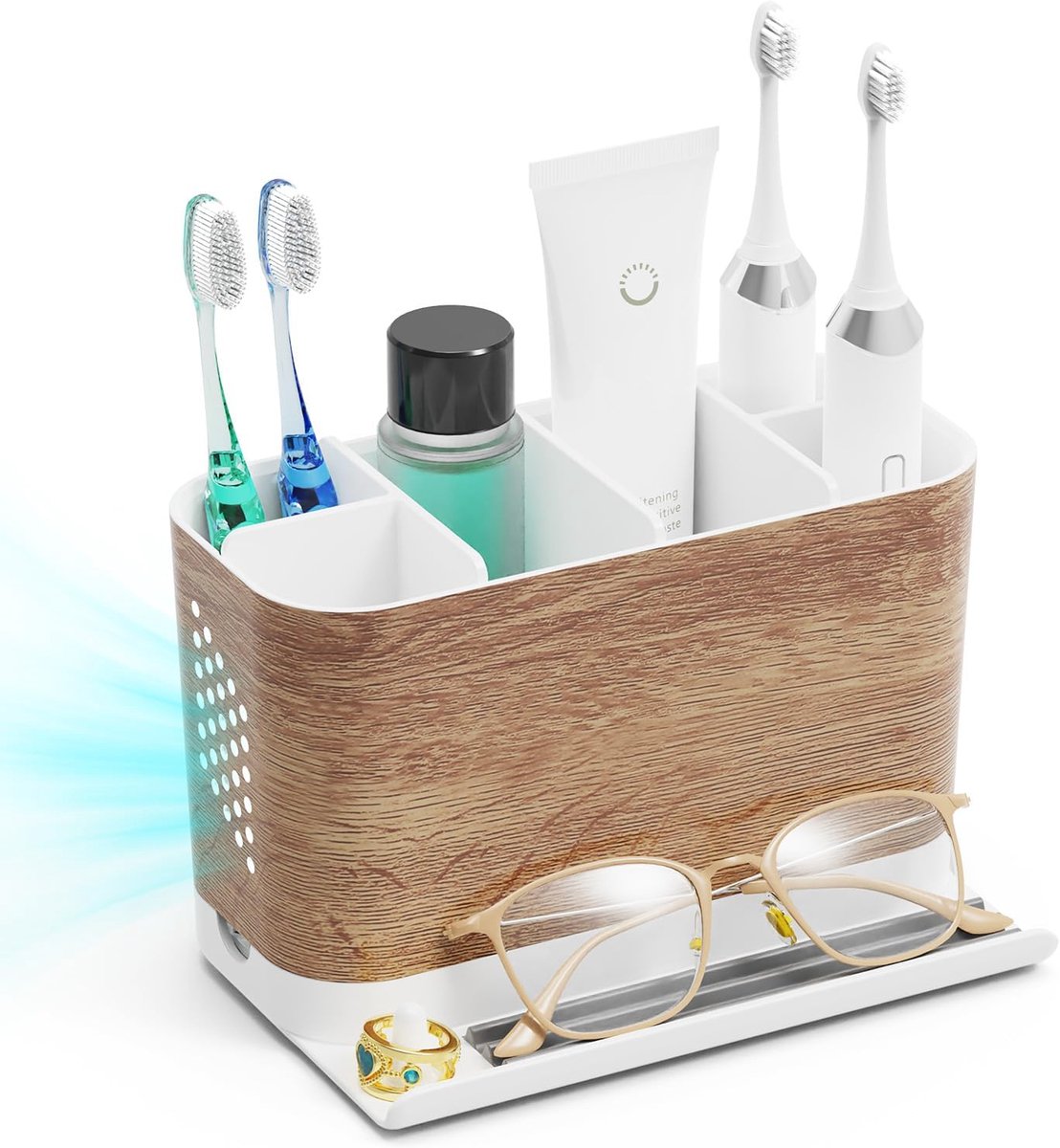 Thijox - Tandenborstelhouder voor het hele gezin, grote houtlook tandenborstelorganizer met telefoonhouder, verstelbare scheidingswanden, 6 vakken, af