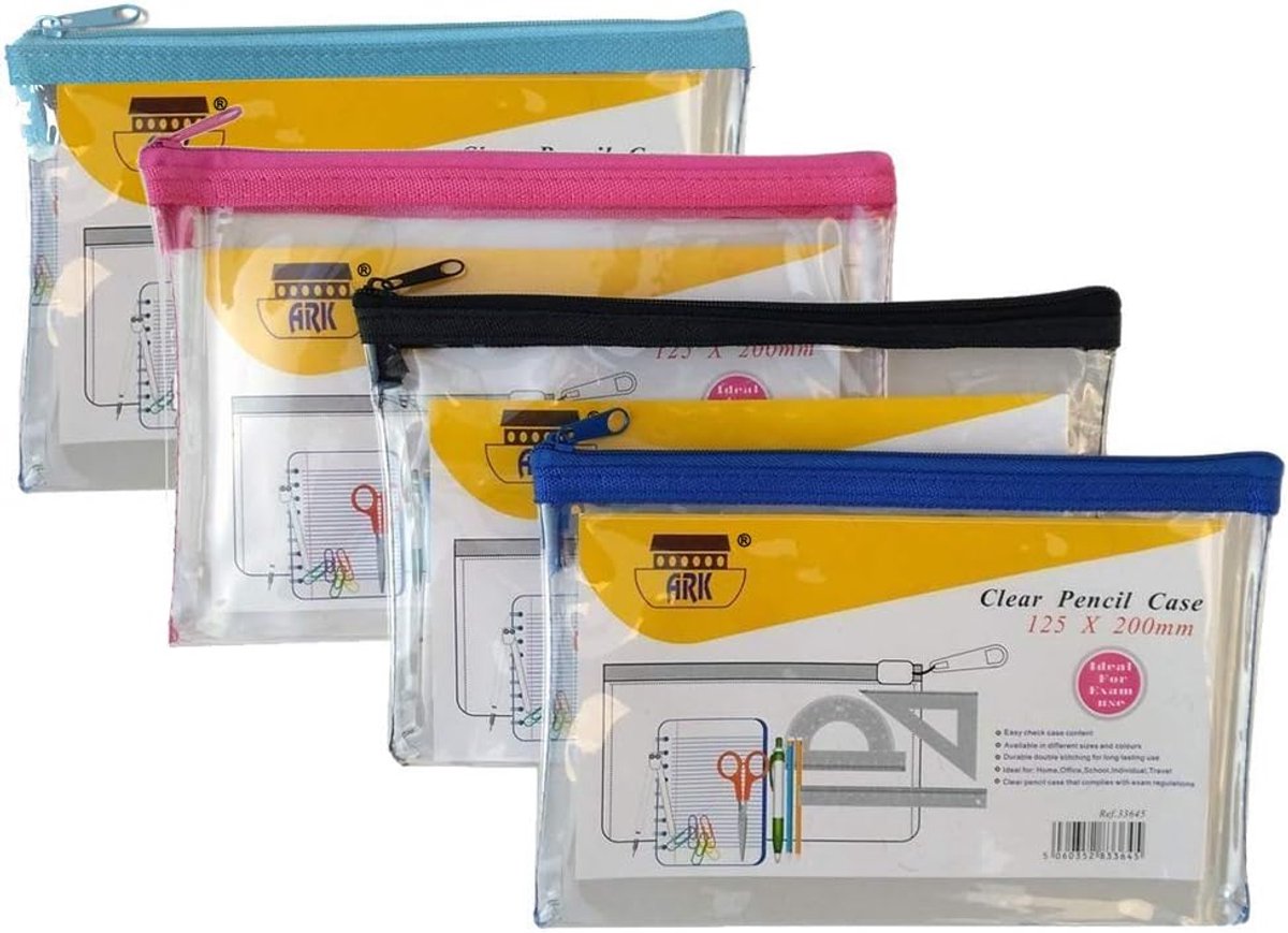 SnelShoppen - Transparante Pennenzak PVC Kleurrijk 200x125mm Voor School, Thuis, Universiteit - Assorti Kleuren: Blauw, Roze, Zwart