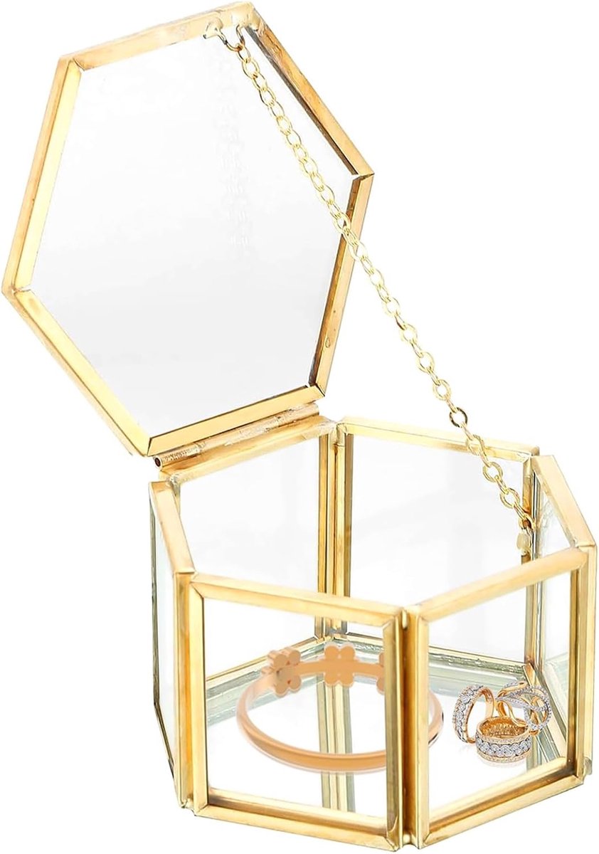 SnelShoppen - Transparante Gouden Glazen Sieradenbox - Hexagonale Sieradenopberger voor Kettingen, Ringen, Armbanden - 8 x 7 x 4.5 cm - Elegante Decor