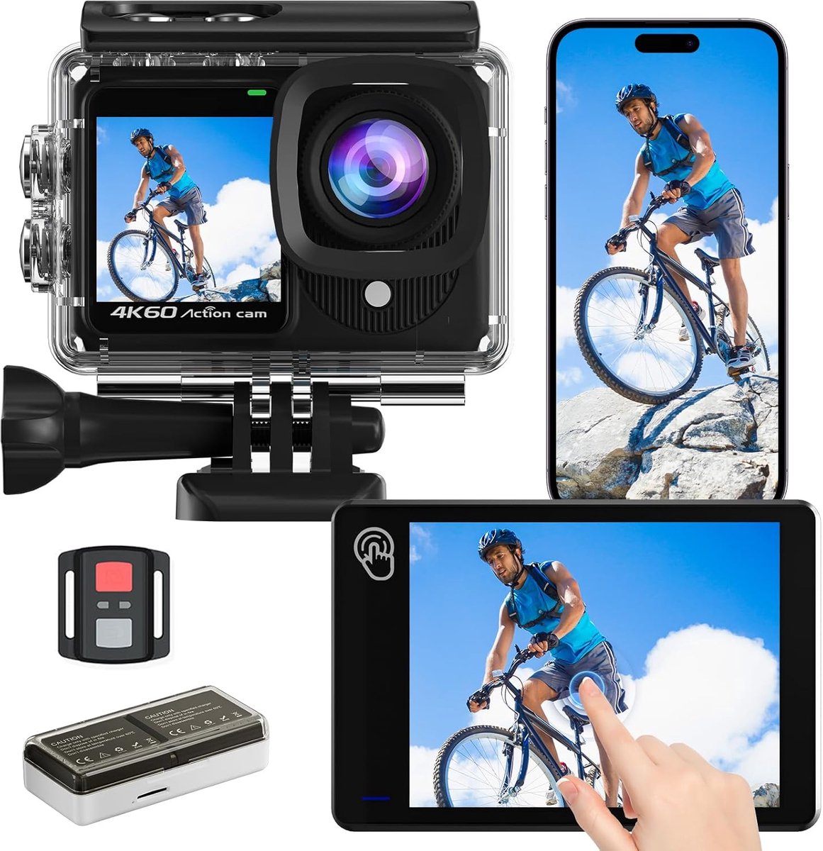 SnelShoppen - Touchscreen 4K60FPS Action Cam, 48 MP HD Wifi Camera met EIS, 40m Onderwatercamera, 8x Zoom Sportcamera, Waterdichte Actiecamera met 2x