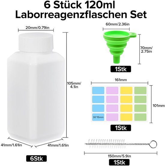 SnelShoppen - 6 Stuks 120ml Reagent Flessen, Laboratorium Chemische Flessen met Schroefdop, Lekvrije Vierkante Fles, Inclusief Trechter en Borstel voo van Snelshoppen — afbeelding 5