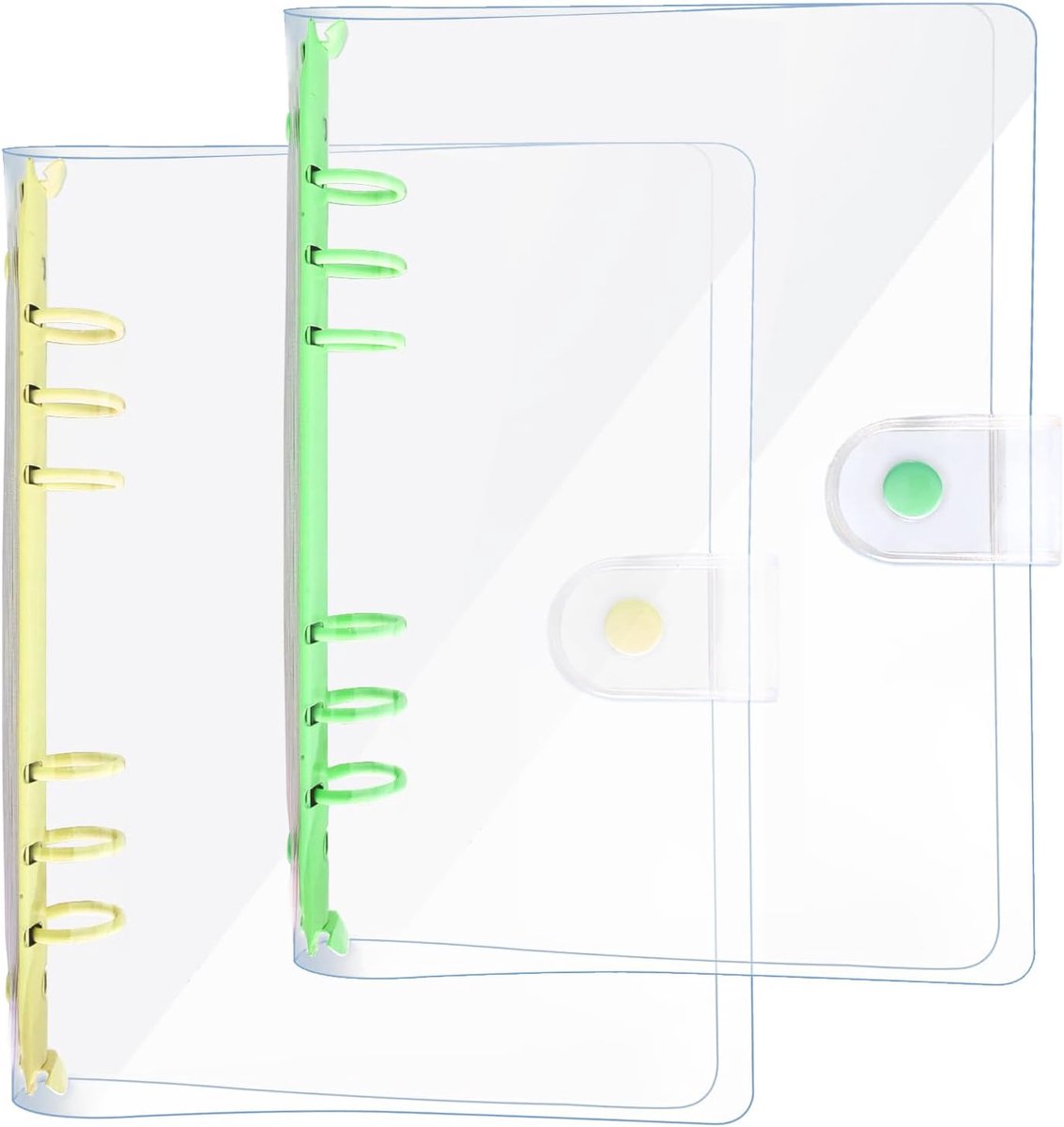 SnelShoppen - 2x Transparante Soft PVC 6-Ring Binder Cover met Drukknoop Sluiting voor A5 Planner Pagina's - Geel/Groen - Duurzaam en Stijlvol
