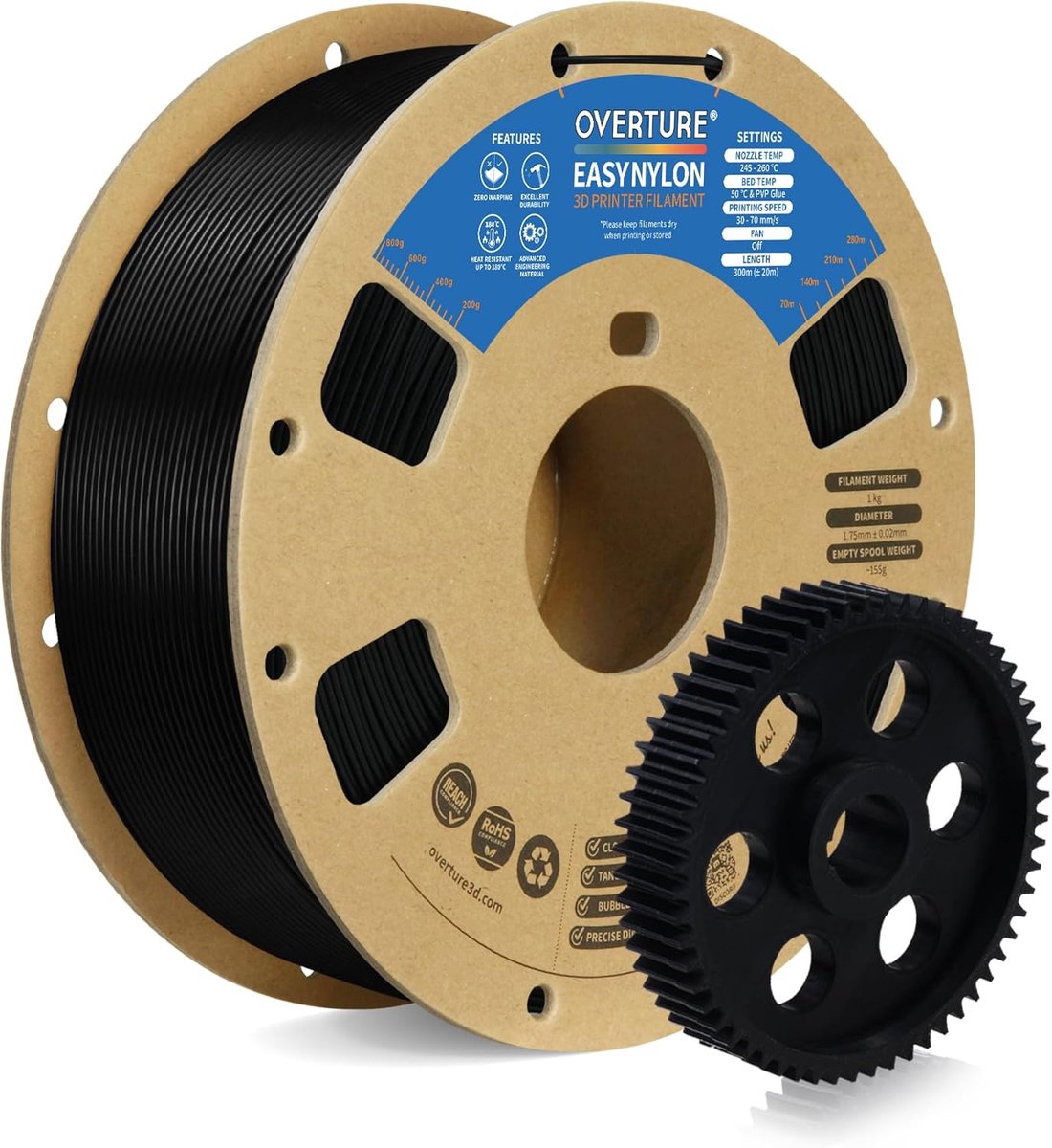 SnelShoppen - OVERTURE Nylon Filament 1.75 mm - 1 kg Spool - Odorless, Non-Deformation, Dimensional Accuracy +/- 0.02 mm - Zwart - Ideaal voor 3D Prin