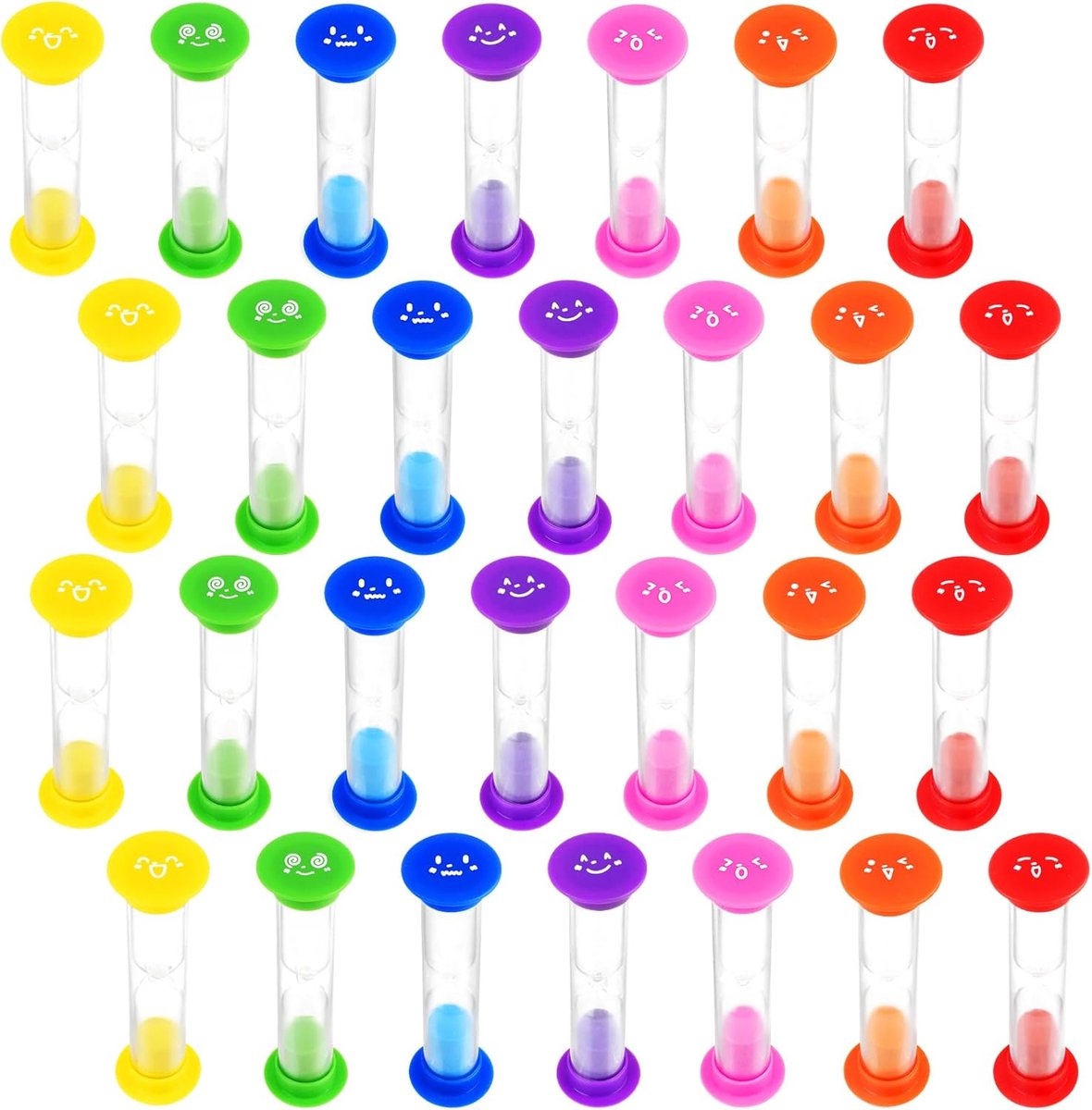 SnelShoppen - 28 Stuks Kleurrijke Zandlopers 2 Minuten, Leuke Uurglas Timer Set voor Kinderen, Thuis, Klaslokaal, Keuken en Spellen - 7 Kleuren