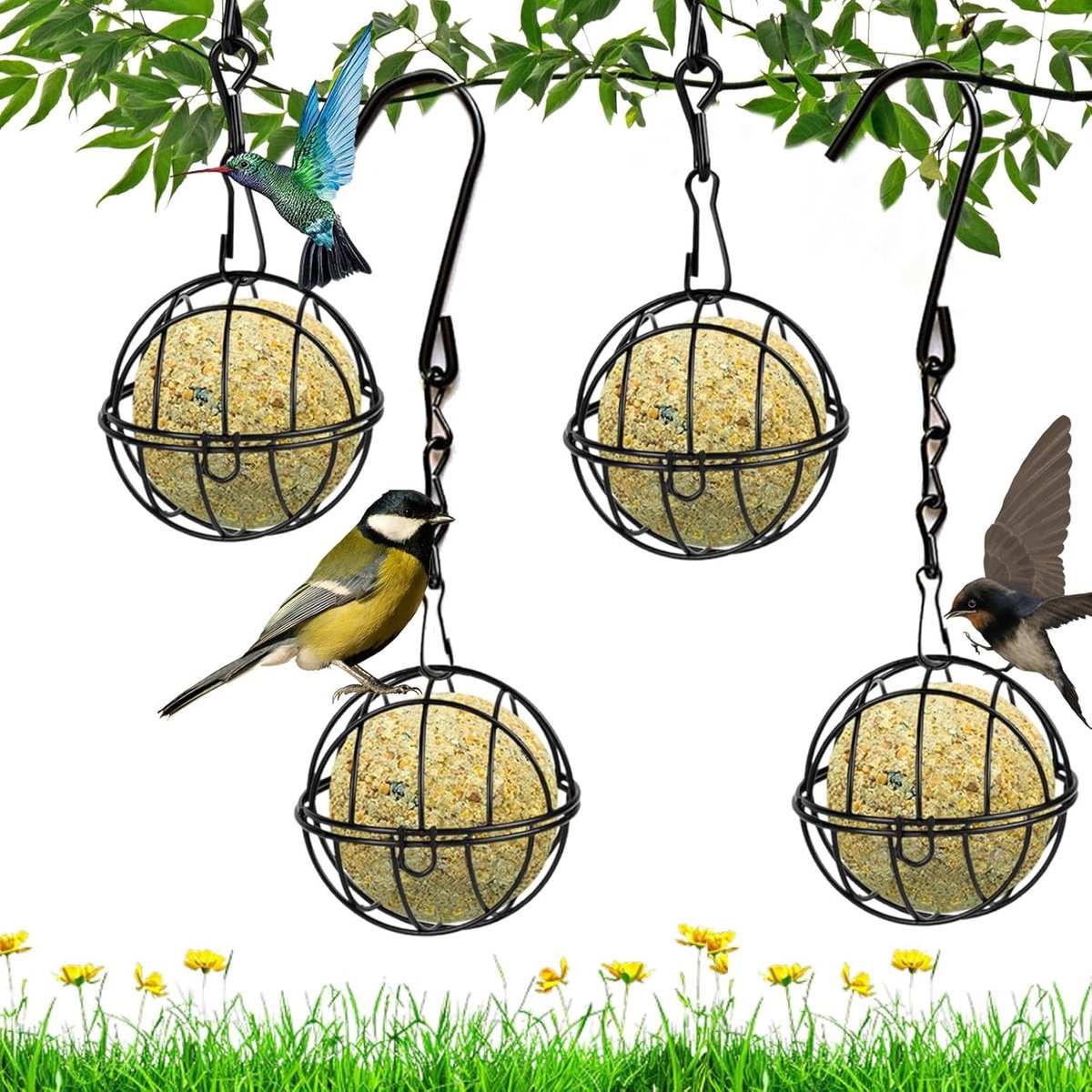 SnelShoppen - 4 Stuks Hangende Eekhoornbestendige Voederhuisjes voor Kleine Vogels, Sferische Voederhouder met 4 S-Vormige Haken, Stevige Metalen Vetb