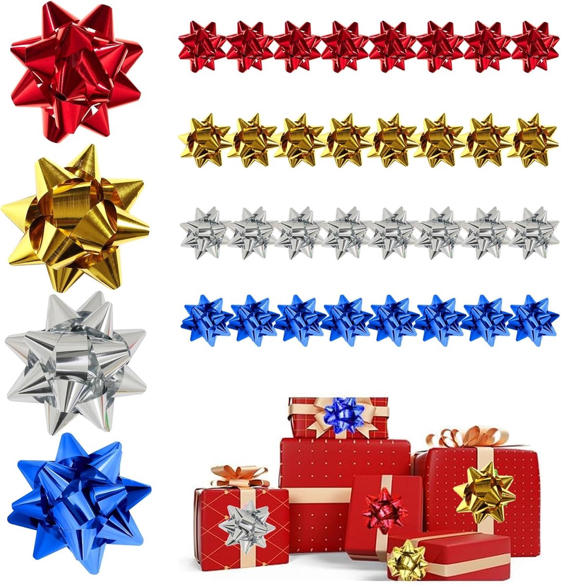Metalen kerststrikken - 50 stuks - 5 cm - geschenkverpakking - zelfklevend - lintstrikken - kerstfeestartikelen - decoraties - 4 kleuren