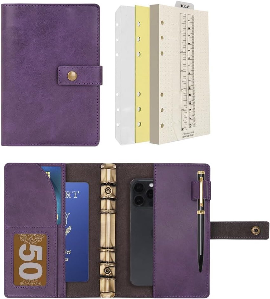SnelShoppen - Luxe A6 Notitieboek Refillable Journal - Paarse Lederen Ringband met Dotted Grid Papier, Creditcard Slots, Interne Vakjes voor Werk, Rei