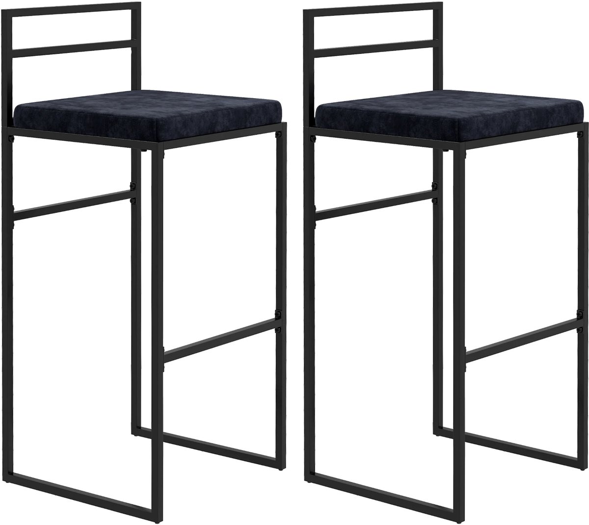 Archi Barkrukken Set van 2 - Hoge Barstoelen met Fluwelen Zitting - Zwart - Met Rugleuning en Voetsteun - Keuken, Bar & Eiland