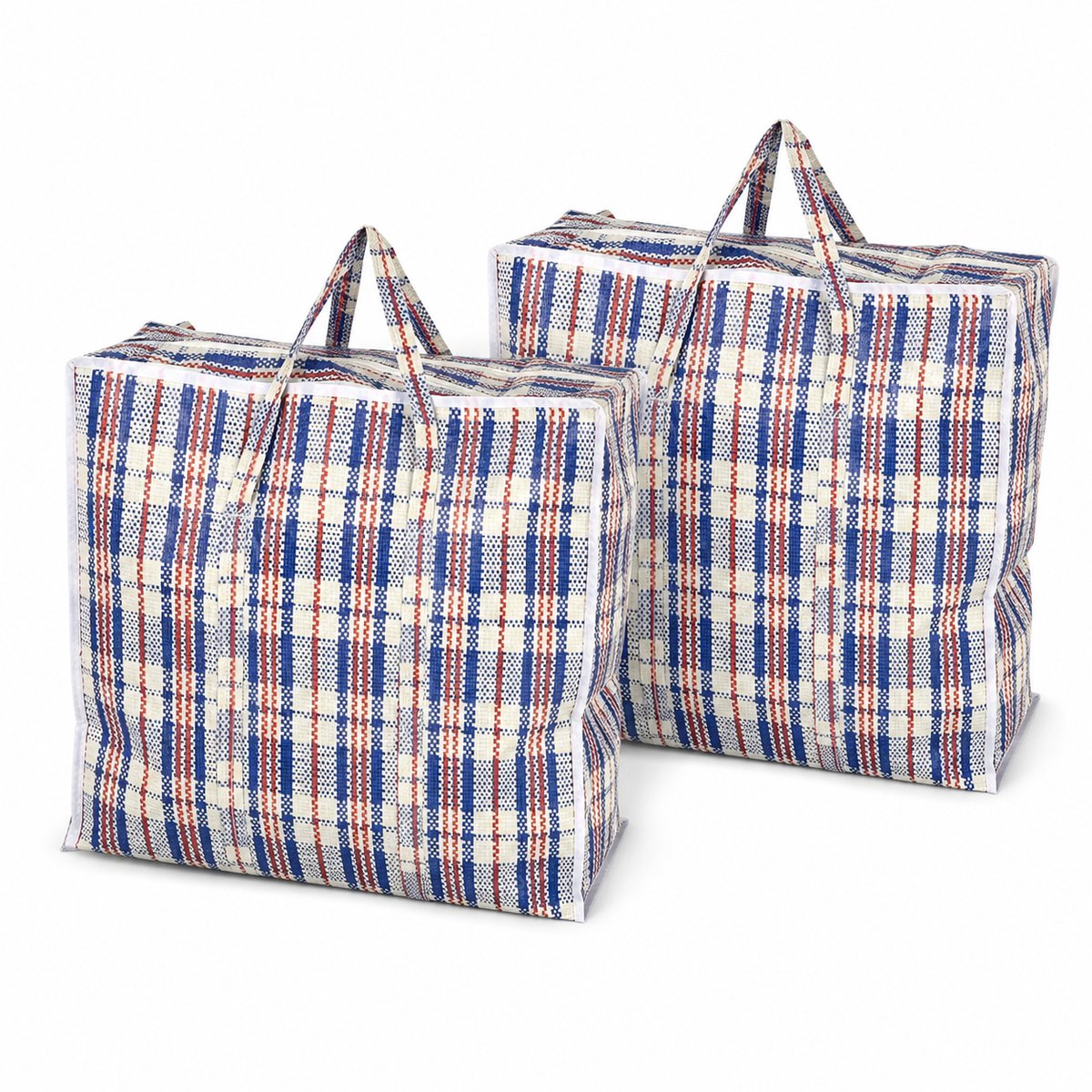 Opbergtas met Rits 45L – 2 Stuks Grote Opbergtassen voor Kleding, Wasgoed en Beddengoed – Big Shopper – Boodschappentas met Rits – Verhuistas – 45 x 50 x 20 cm – Blauw Wit Rood