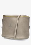 Grijze leren crossbody tas met gouden rits en merklogo.