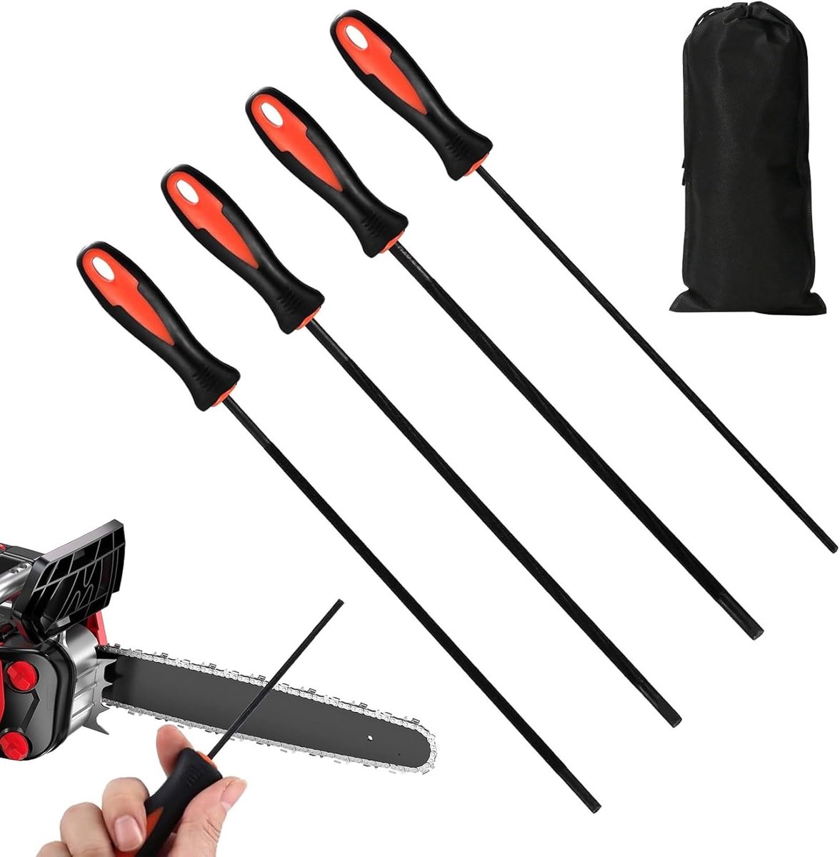 SnelShoppen - 4pcs Ronde Vijl Set voor Kettingzaag - Hoogwaardige Carbon Staal, 3.2mm, 4mm, 4.8mm, 5.5mm met Handvat en Opbergzak - Perfect voor Tuin,