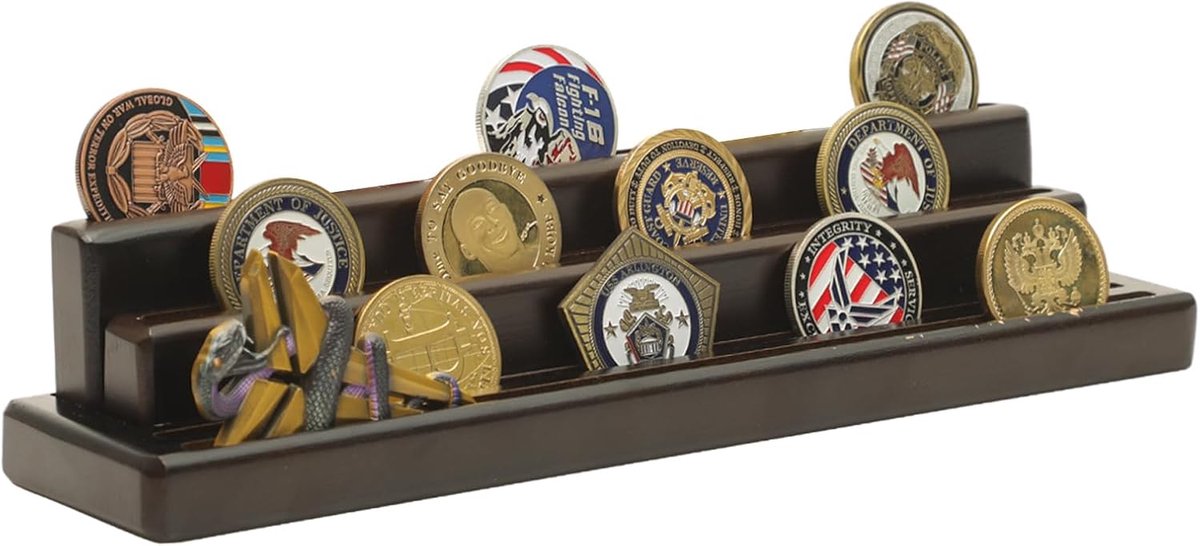 SnelShoppen - Houten Munt Houder voor 15-18 Munten, 4 Rijen Medaillehouder, Coin Collector met Hellingshoek, Perfecte Tafeldecoratie & Cadeau