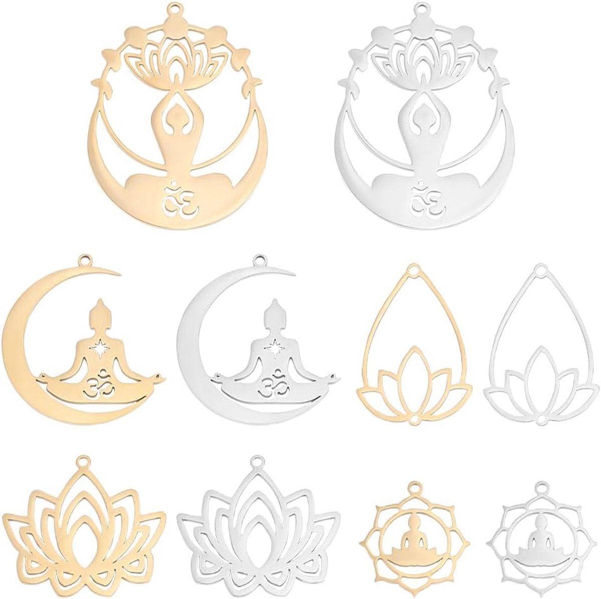SnelShoppen - 10pcs Yoga Thema Hanger Set - 5 Stijlen Roestvrijstalen Boeddha en Lotus Holle Charms - DIY Sieraden Maken voor Yoga Enthousiastelingen