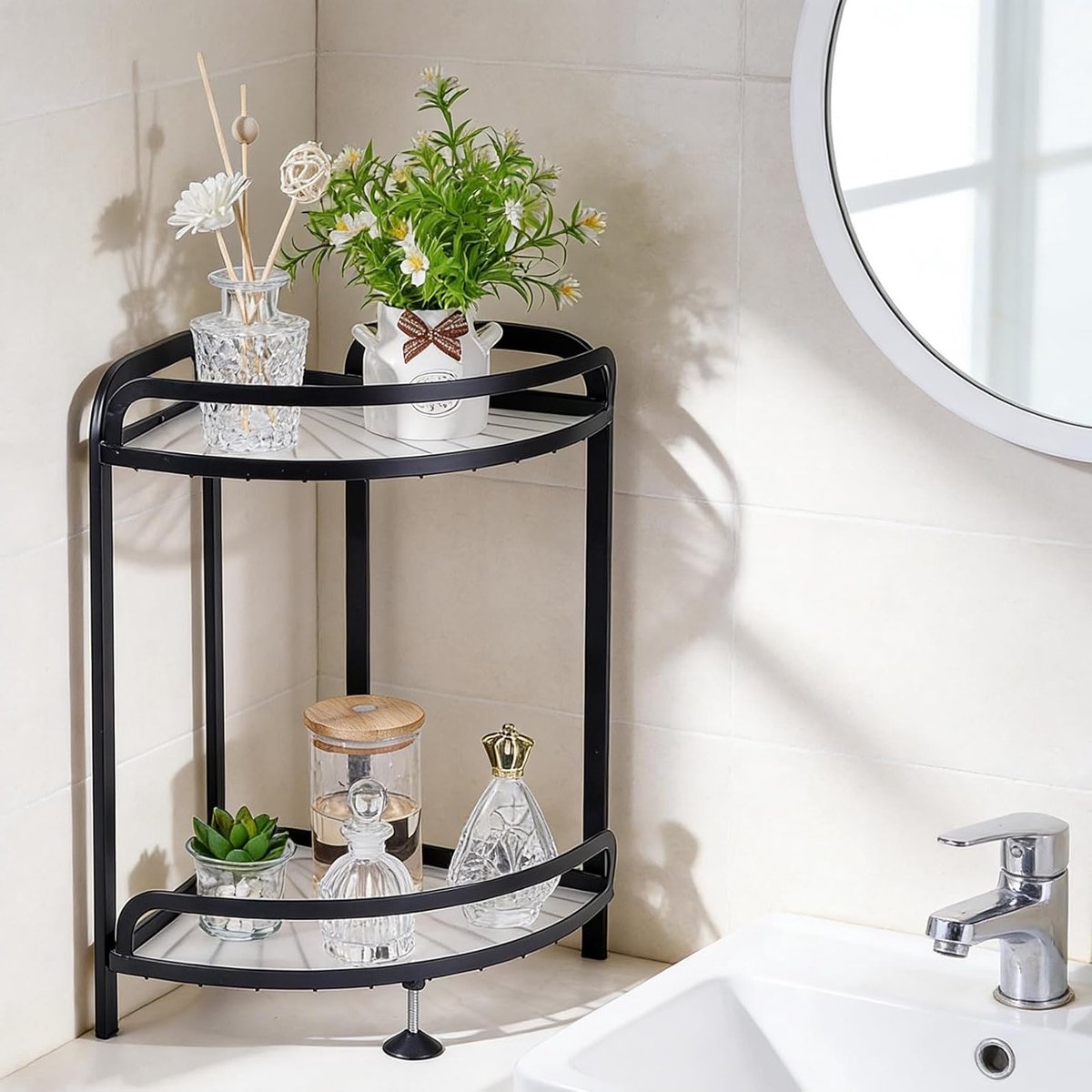 Set van 2 hoekplankjes voor badkamer en keuken, multifunctioneel organizer met 2 verdiepingen, 33 x 25 x 34 cm, zwart hoekrek van ijzer voor ruimtebesparing en decoratie