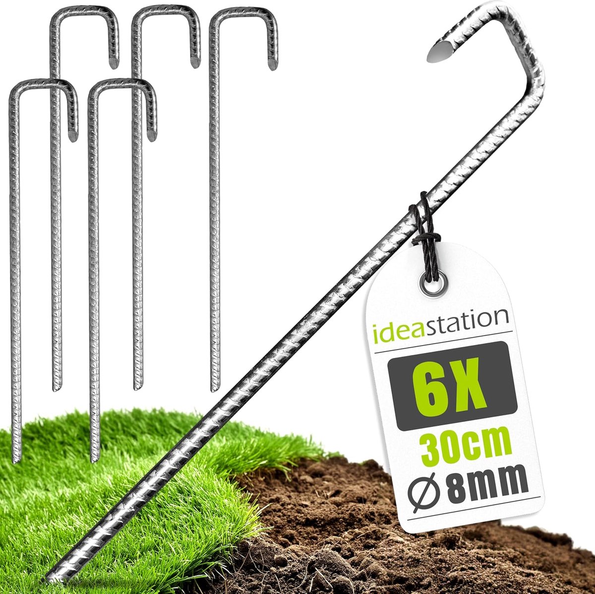 SnelShoppen - Ground Anchors Set van 6 - 30 cm Lange Roestvrije Grondankers van Staal - Ø 8 mm - Ideaal voor Tent, Trampoline en Buitenprojecten