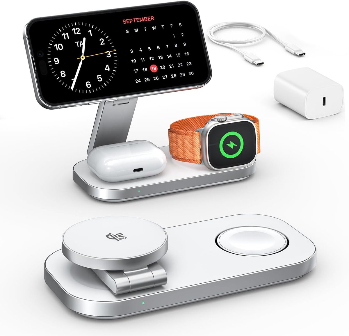 SnelShoppen - 3-in-1 Draadloze Oplaadpad voor Apple Apparaten, Magnetische Vouwbare Snellader voor iPhone 17/16/15/14/13/12, Apple Watch & AirPods Pro