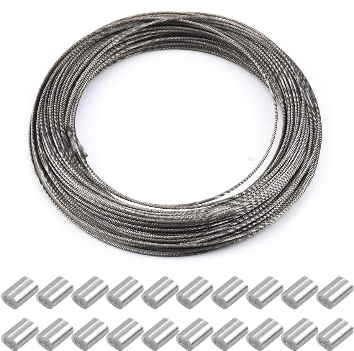 SnelShoppen - 30 m x 1.5 mm Stalen Kabel, Multifunctionele RVS Kabel, Foto Lijndraad met 20 Aluminium Krimpkousen voor Gordijn, Waslijn, Handrail