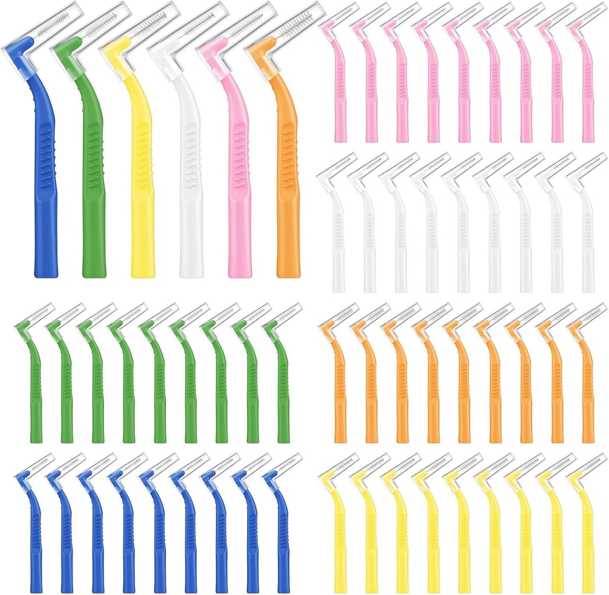 SnelShoppen - 60Pcs Interdental Brushes, 6 Kleuren, Zachte Tandenborstel met Gehoekte Kop en Antislip Handvat voor Beugeldragers, Oral Care en Tandenr