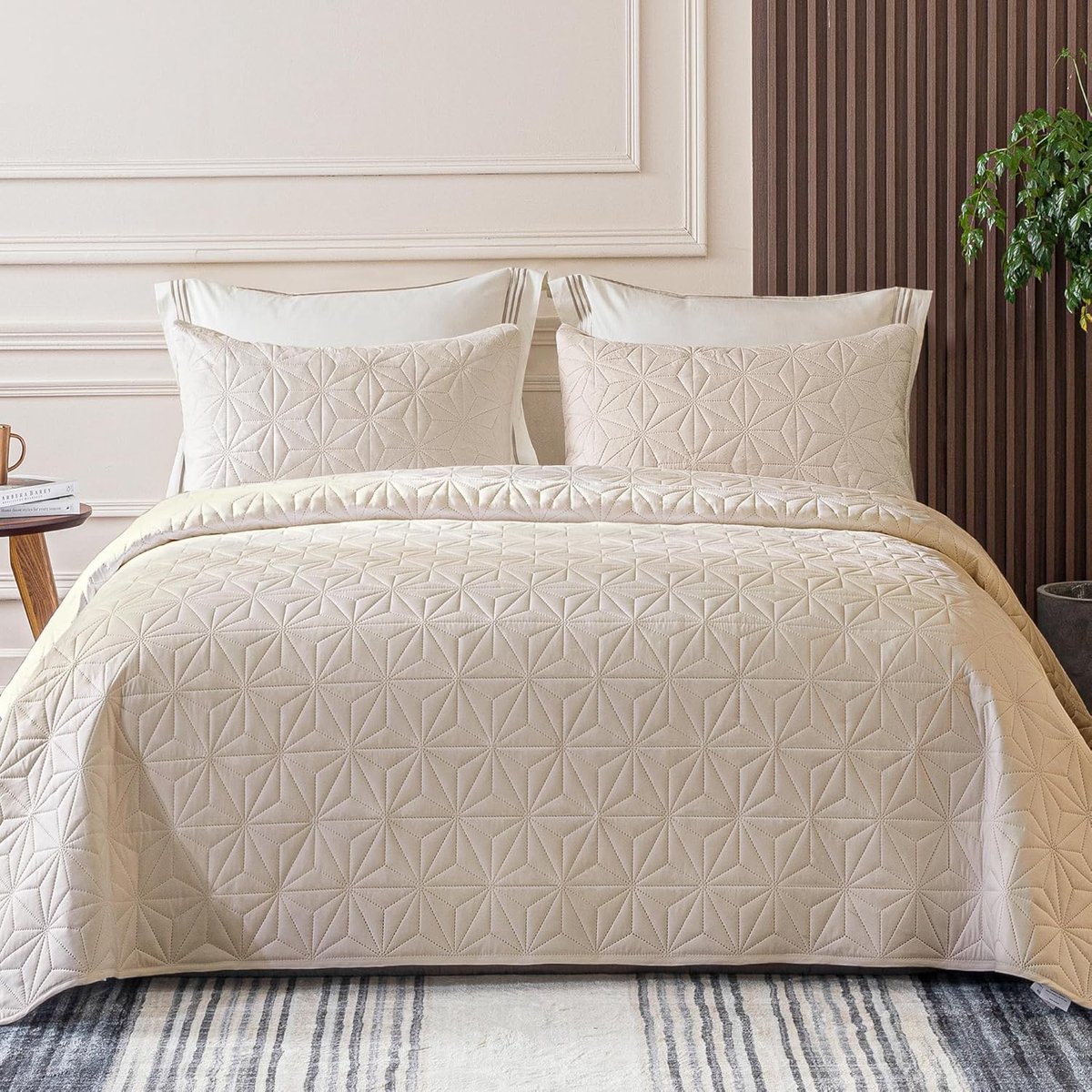 SnelShoppen - Whale Flotilla Bedspread 260x280 cm met 2 Kussenslopen, Zachte en Lichte Deken met Geometrisch Patroon, Beige Bedsprei voor 4 Seizoenen