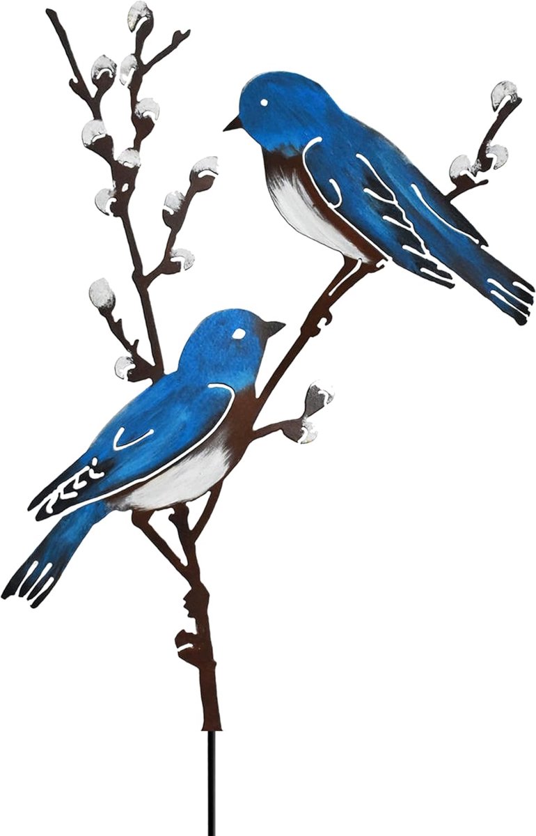 SnelShoppen - Bird Garden Stake Tuindecoratie - Geverfde Vogel Figuren - Buitensteken van Metaal - Blauw - 28 cm Hoog - Voor Tuin & Lente