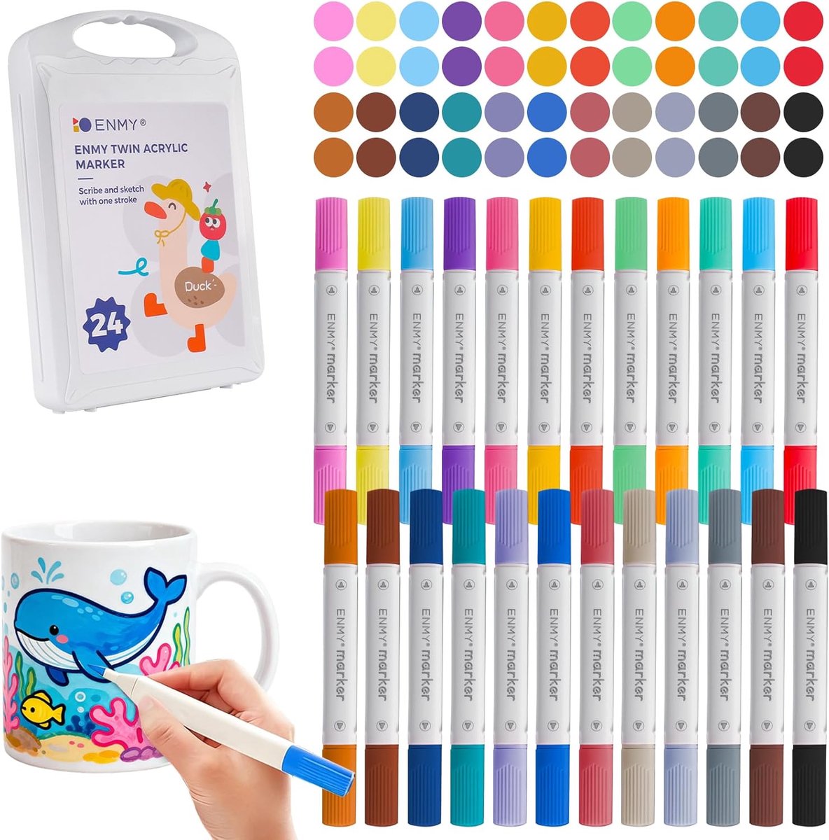 SnelShoppen - Set van 24 Porseleinen Kleurpen met Dubbele Punt, Acryl Marker met Fijne Punt en Penseel, Viltstiften voor Schilderen op Borden, Aardewe