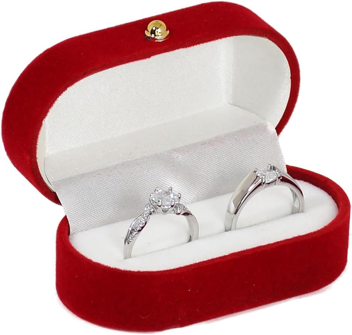 SnelShoppen - Elegante Ovalen Velvet Ringdoos, Dubbele Slots, Luxe Sieraden Box, 7.3x4x3cm, Rood, Perfect voor Verjaardag, Huwelijk, Voorstel, Valenti