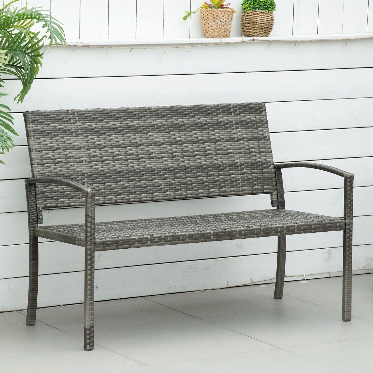 COVREO Tuinbank 122x60x85 cm - grijs polyrattan, stalen frame, 2 zitplaatsen