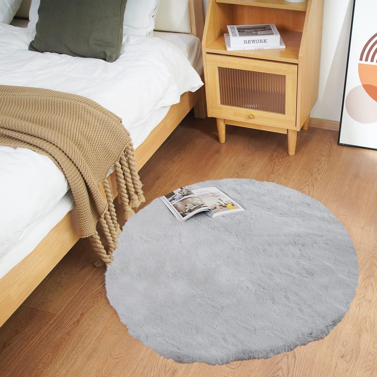 SnelShoppen - Hoogpolig Rond Vloerkleed 90cm - Grijs - Zacht en Fluffy - Antislip - Wasbaar - Faux Bont voor Woonkamer en Slaapkamer