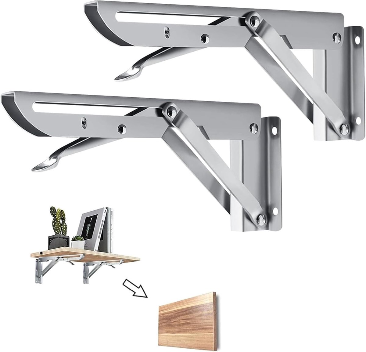 SnelShoppen - Vouwconsole 2 Stuks, 250 mm, RVS Vouwhoek, Draagvermogen 50 kg, Vouwbare Plank Rek voor Tafel en Wand, Zilver, Heavy Duty voor DIY Proje