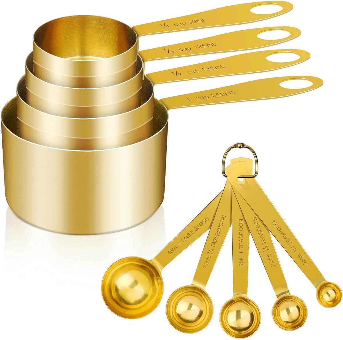SnelShoppen - Meetset 9-delig - RVS Maatbeker en Lepel Set - Meting Cup voor Droge en Vloeibare Ingrediënten - Gouden Kleur - Keukenaccessoires voor K