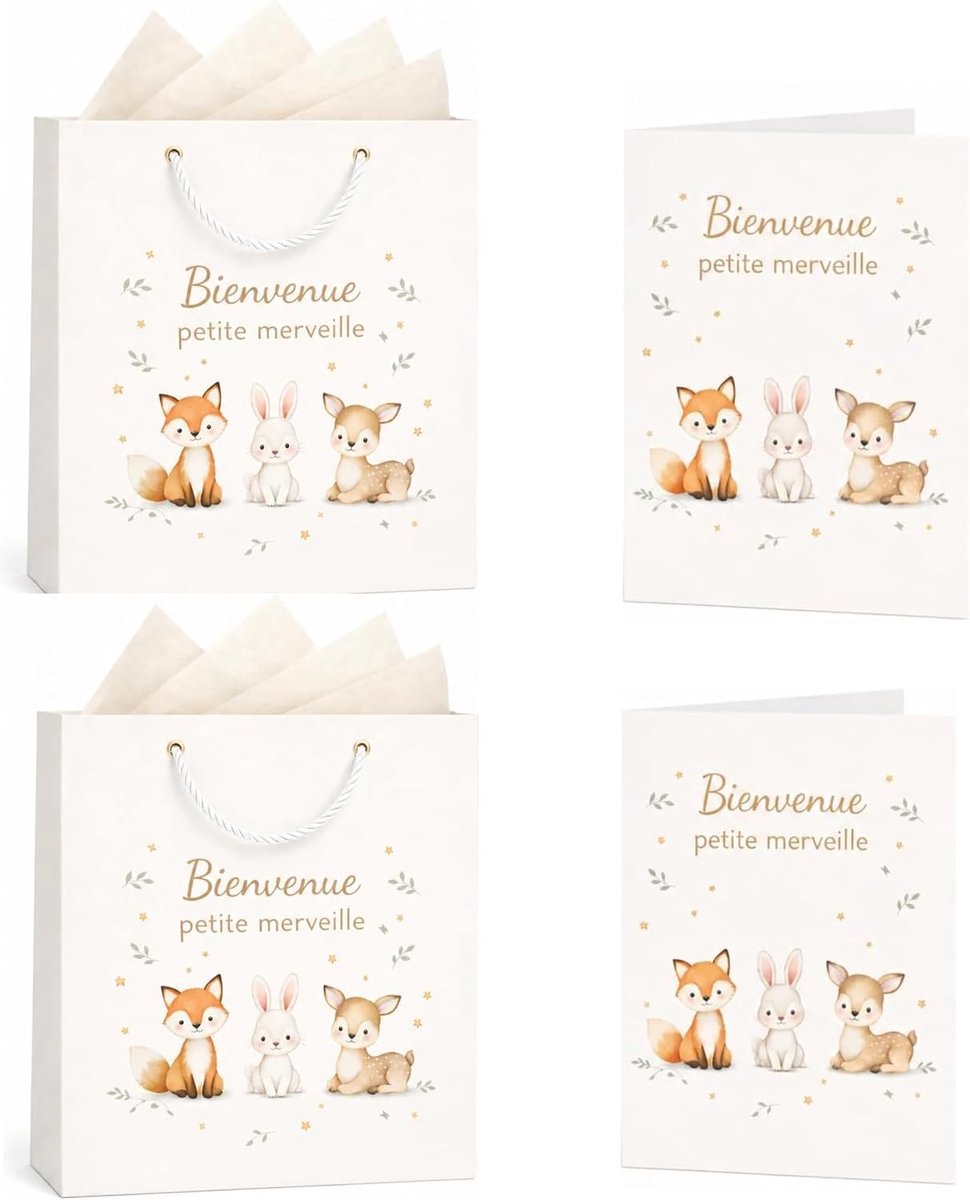SnelShoppen - Cadeauzakje voor geboorte, 2 zakjes met 2 ivoorkleurige cadeaubonnen, 2 vouwkaarten, motief bosdieren, 26x22x10 cm, ideaal voor babyshow