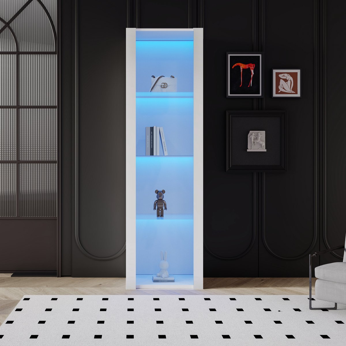 COVREO Vitrinekast 55 x 38 x 166 cm - wit hoogglans, 3 glazen planken en LED-verlichting