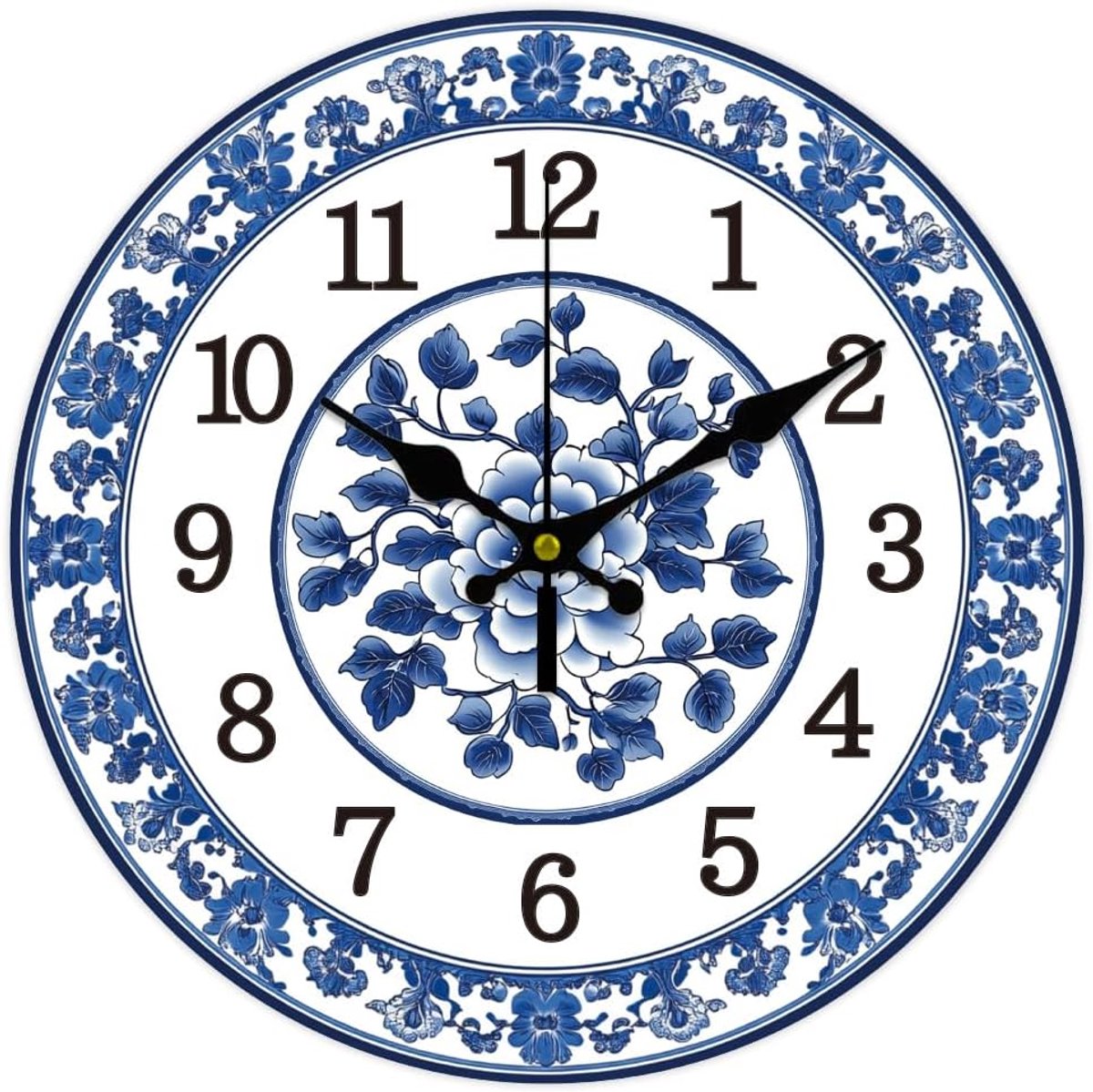 SnelShoppen - 12 inch Blauwe en Witte Porseinen Wandklok - Stille Niet-Tikkende Klok met Bloemen Design - Decoratieve Klok voor Thuis, Kantoor en Keuk
