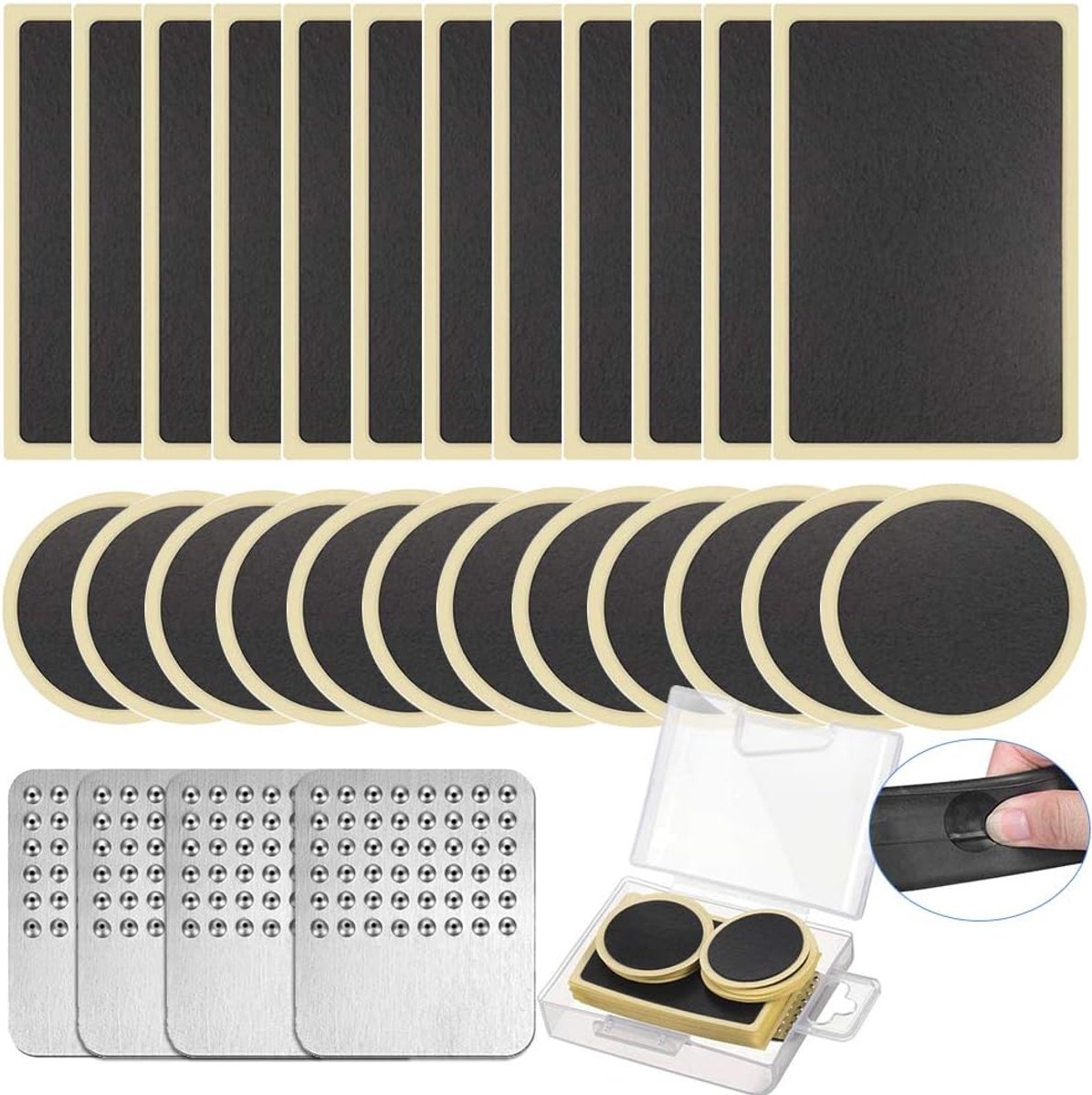 SnelShoppen - Fiets Banden Plakset - Glueloze Reparatie Patches Kit - 12 Rond & 12 Lang Patches - Inclusief 4 Metalen Schuurblokjes & PP Doos - Ideaal