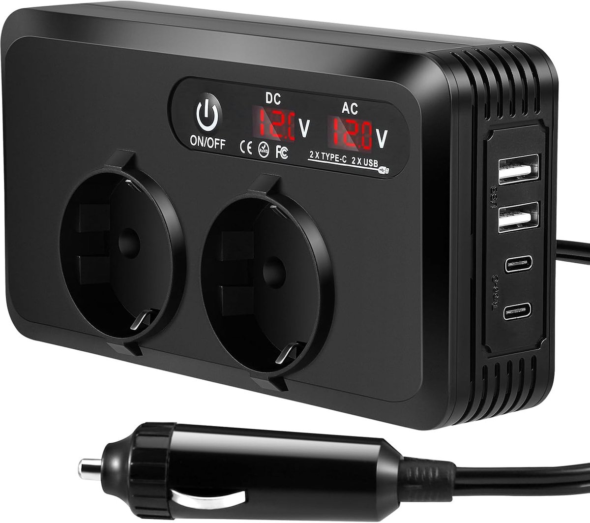 SnelShoppen - 7-in-1 Auto Spanningsomvormer 200W, 12V naar 220V/230V, 2 AC Stopcontacten, 4 USB Poorten, Sigarettenaansteker Adapter voor Camping, Rei