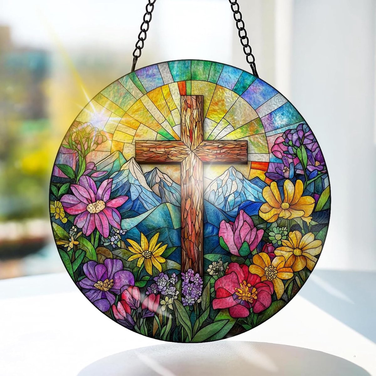 SnelShoppen - Bimkole Cross Gekleurd Glas Hangdecoratie - Zonwering Suncatcher voor Raam en Tuin - Handgemaakte Bloemen Decoratie 20x20cm - Perfect vo