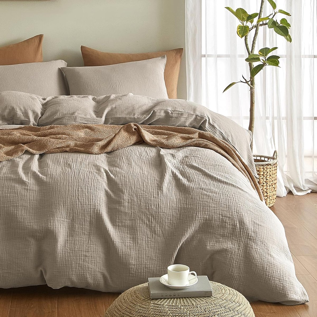 SnelShoppen - Premium Muslin Dekbedovertrek Set 155 x 220 cm, 100% Katoen, Ademend en Antikreuk, Beige, Inclusief Kussenslopen 80 x 80 cm, Oeko-Tex Ve