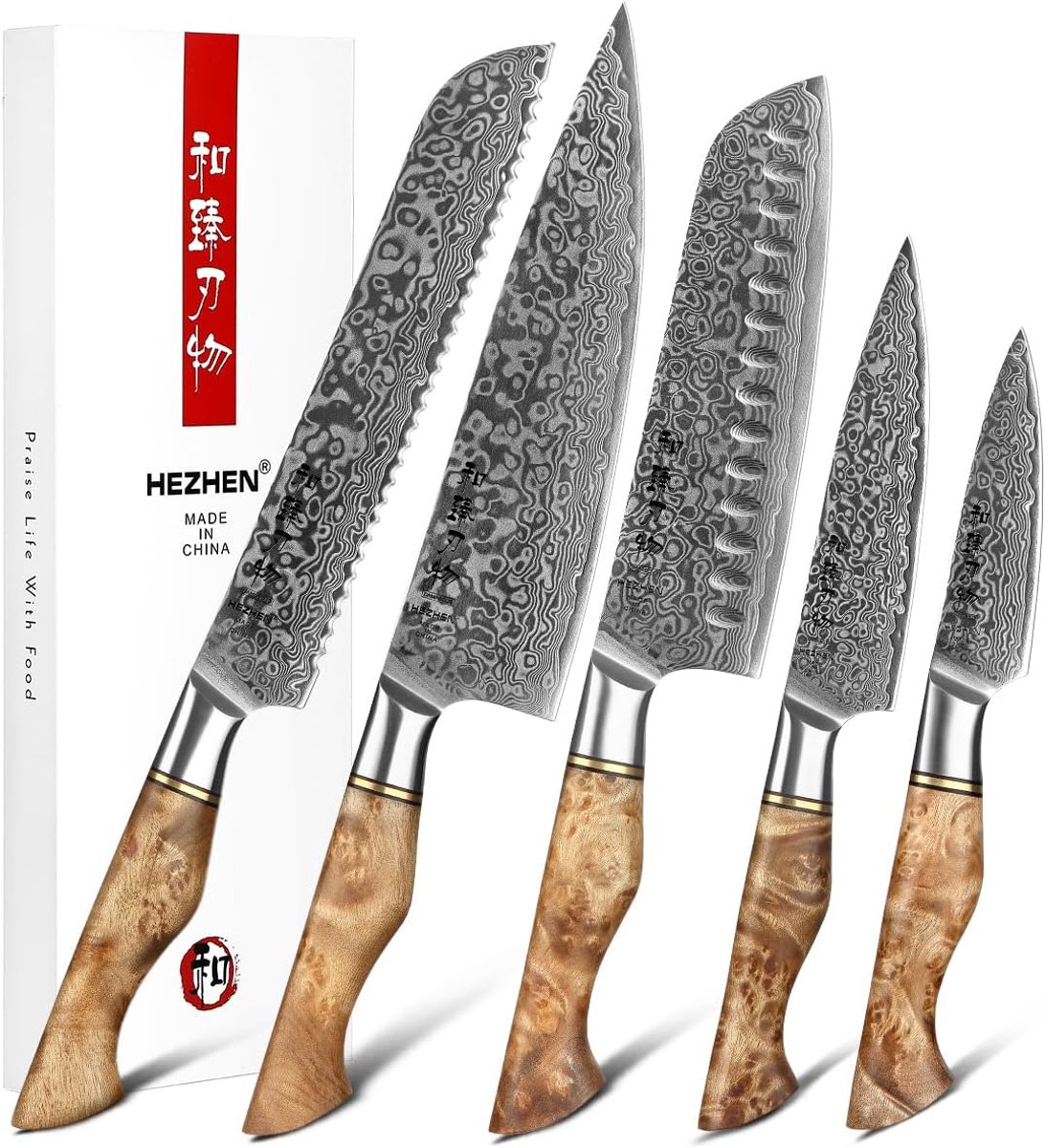 SnelShoppen - 5-delige Keukenmes Set - Duurzaam, Vacuum Heat Treated Damascus Staal - Hoog K koolstof Japanse Staal - Chef's Mes, Universeel Mes, Sant