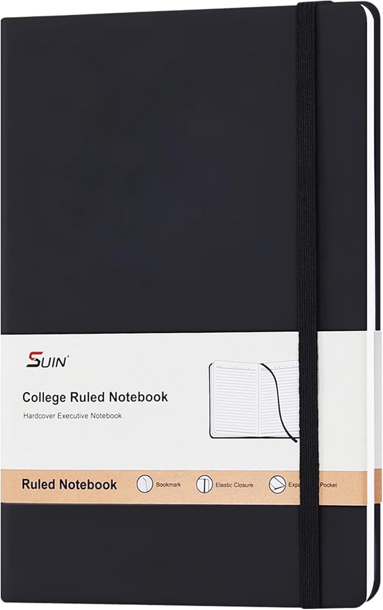 SnelShoppen - A5 Notitieboek Hard Cover, 200 Pagina's Lijnpapier, Faux Leer Journal voor Werk en Studie, Zwart Notitieboek met Elastische Band, Pagina